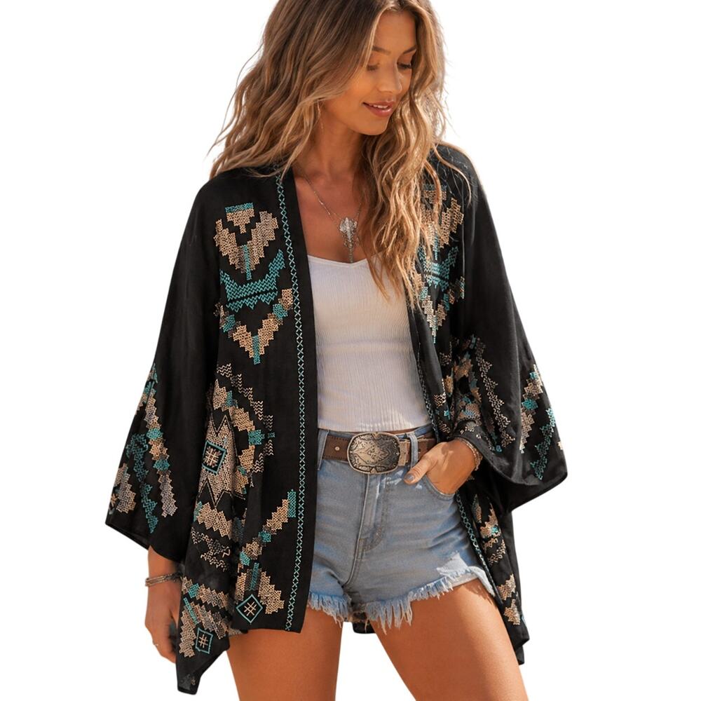 Johnny Was JW Los Angeles Embroidered Kimono Womens Large Black Linen Aztec Boho